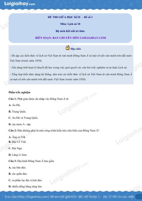 Đề thi giữa kì 2 Lịch sử 10 - Đề số 1